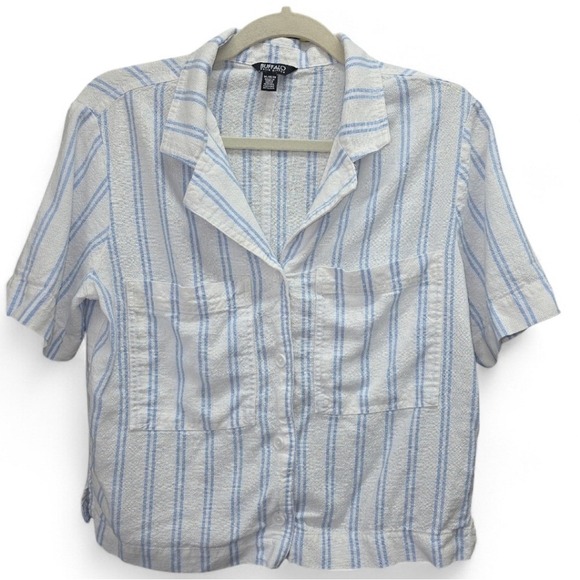 Buffalo David Bitton Tops - Buffalo David Bitton Sky Blue and White Striped Linen Blend Button Up Top Costal